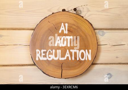 AI act regulation words symbol. Concept words AI artificial intelligence act regulation on beautiful wooden circle. Beautiful wooden wall background. Stock Photo