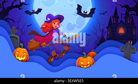 Halloween paper cut greeting card with witch Stock Vector