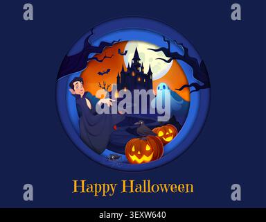 Paper cut happy Halloween holiday greeting card Stock Vector