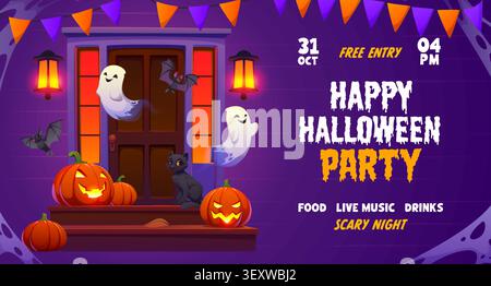 Flying ghost on porch, Halloween party flyer Stock Vector
