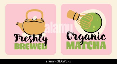 Organic matcha green tea hand drawn labels for healthy beverage packaging Stock Vector