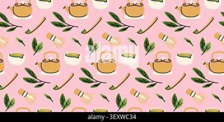 Matcha green tea ceremony hand drawn seamless pattern for textile print Stock Vector