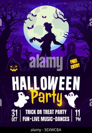 Scary zombie on graveyard, Halloween party flyer Stock Vector