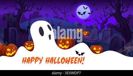 Happy Halloween greeting card with graveyard ghost Stock Vector
