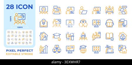 Online learning pixel perfect two color line icons set Stock Vector