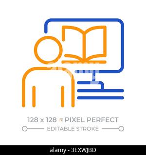 Remote learning pixel perfect two color line icon Stock Vector