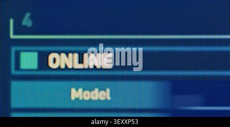 Pixelated screen displaying online status and data on a blue digital background Stock Photo