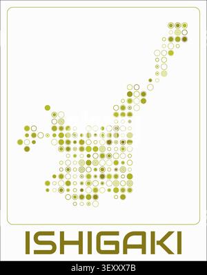 Ishigaki digital style map. Large circle dots on white background. Dotted shape of the island. Ishigaki map and title. Awesome vector illustration. Stock Vector