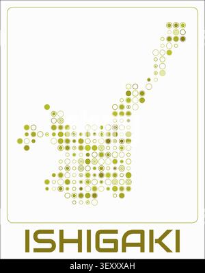 Ishigaki digital style map. Large circle dots on white background. Dotted shape of the island. Ishigaki map and title. Awesome vector illustration. Stock Vector