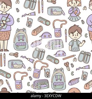 Back to School Seamless Pattern. Cute Teacher, Pupils Children Boy and Girl, Backpack, Briefcase, Pencil Cases, Supplies and Stationery on White Backg Stock Vector