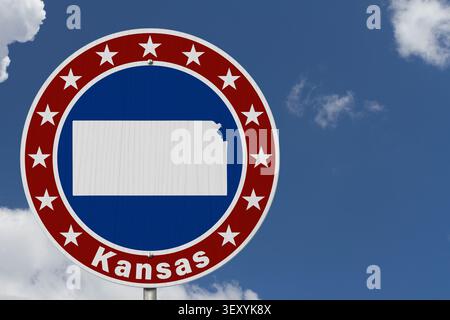 Kansas map with stars on a US red, white and blue road sign with blue sky Stock Photo