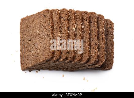 Slices of dark rye whole grain bread arranged in a row isolated on white background Stock Photo