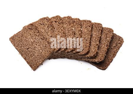 Slices of dark rye whole grain bread arranged in a fan shape isolated on white background Stock Photo