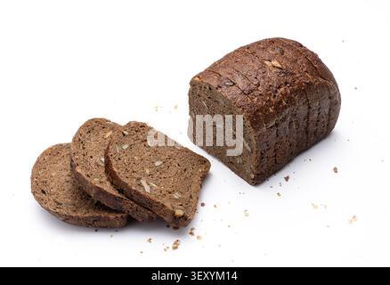 Sliced dark rye whole grain bread loaf with three slices isolated on white background Stock Photo