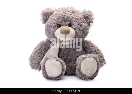 Cute fuzzy teddy bear plush toy with scarf isolated on white background Stock Photo