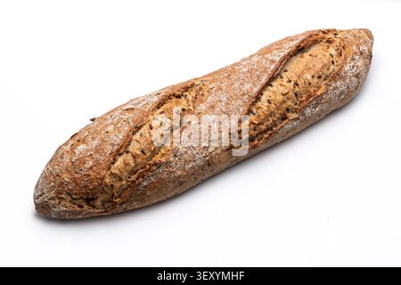 Freshly baked rustic bread baguette with seeds isolated on white background Stock Photo