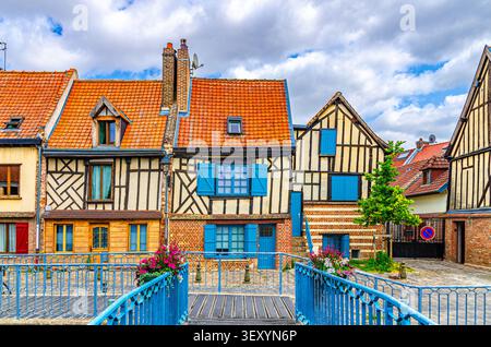 Traditional fachwerk houses in Saint-Leu quarter in Amiens historical city centre, typical historical quarter and buildings with shutter windows, Haut Stock Photo