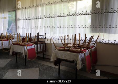 Dining room at Khoja Obi Garm Sanitorium in Tajikistan Stock Photo