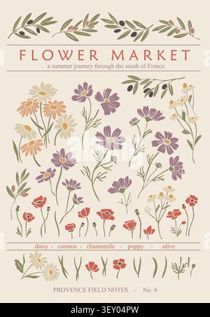 Soft watercolor blooms fill vintage market poster Stock Vector