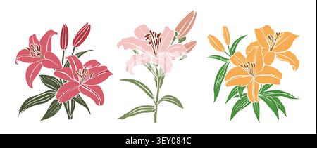 Three stylized lily clusters in soft, warm hues Stock Vector