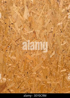 Full frame texture of an oriented strand board (OSB) wood panel. Natural engineered wood background with detailed wooden flakes, ideal for constructio Stock Photo