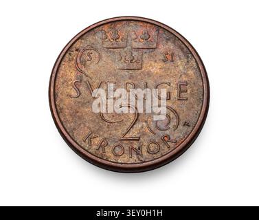 Swedish two kronor coin reverse isolated on white background Stock Photo