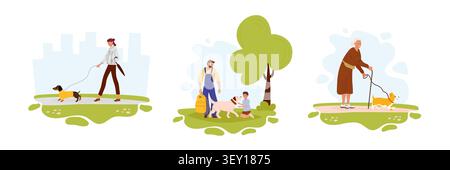 Dog walking set of 3 compositions. Different people walking different dogs in park. Vector illustration for pet, dog lover Stock Vector
