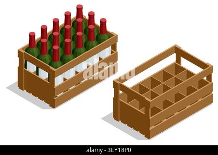 Isometric wooden wine crate set with full bottle box and empty carrier on white background. Packaging illustration shows storage, transport, retail Stock Vector