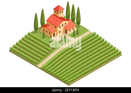 Isometric winery building with vineyard rows. Industrial wine production illustration shows vinification, storage and farm business Stock Vector