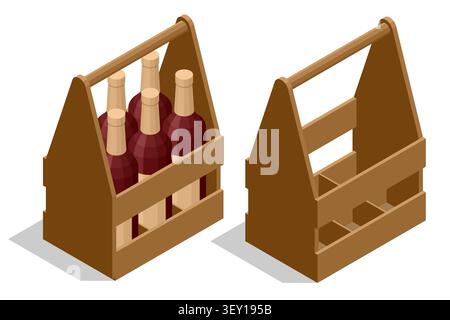 Isometric wooden wine crate set with full bottle box and empty carrier on white background. Packaging illustration shows storage, transport, retail Stock Vector