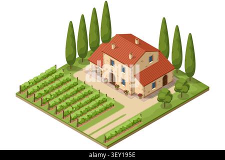 Isometric winery building with vineyard rows. Industrial wine production illustration shows vinification, storage and farm business Stock Vector
