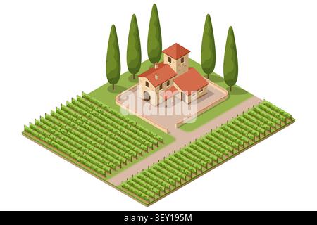 Isometric winery building with vineyard rows. Industrial wine production illustration shows vinification, storage and farm business Stock Vector
