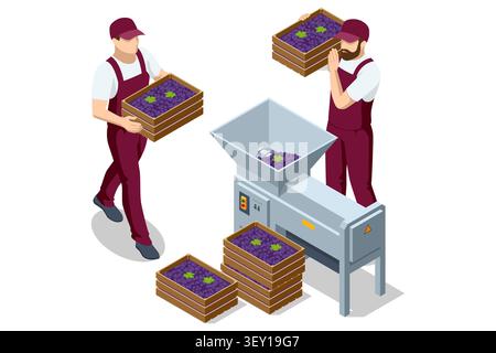 Isometric winery worker scene with grape crate, crusher machine and harvest produce on a clean background. Wine production illustration shows grape Stock Vector