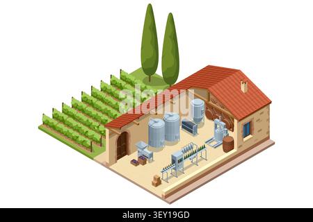 Isometric winery building with vineyard rows, cellar equipment and bottling zone in a rustic estate. Industrial wine production illustration shows Stock Vector
