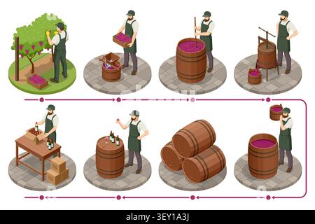 Isometric wine production infographic with grape harvest, press, vat, barrel and bottle stages linked by arrows. Step by step winery illustration Stock Vector
