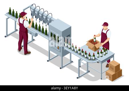 Wine production illustration shows grape processing, labor and factory workflow Stock Vector