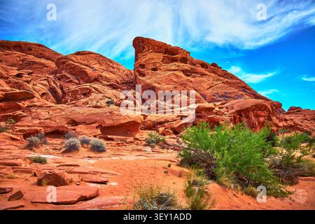 Red Sandstone Formations Desert Vegetation and Blue Sky in Nevada Desert Landscape Stock Photo