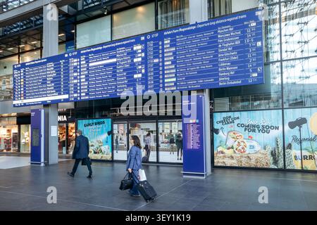 Berlin, Germany - April 22, 2026: Long-distance and regional train departure information boards inside Berlin Central Station (Berlin Hauptbahnhof). Stock Photo
