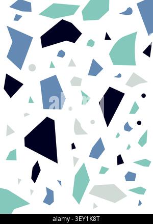 An abstract terrazzo seamless pattern background featuring geometric mosaic chips in muted blue, grey, and charcoal tones over a solid white backdrop. Stock Vector