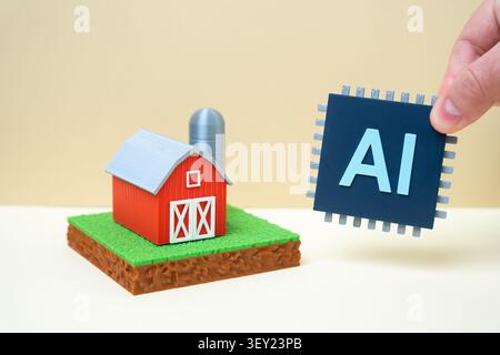 A farm barn and the process of implementing AI technologies in the agricultural sector. Internet of Things and sensor management, data collection and Stock Photo
