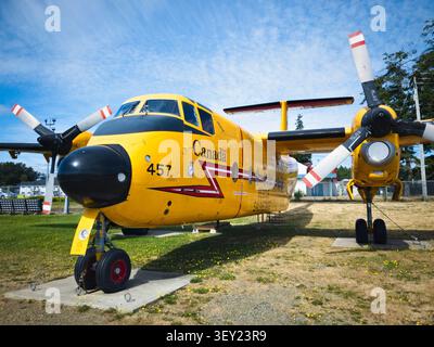 Yellow de Havilland CC-115 Buffalo on display at the Heritage Air Park, Comox Air Force Museum, Vancouver Island, BC, Canada Stock Photo
