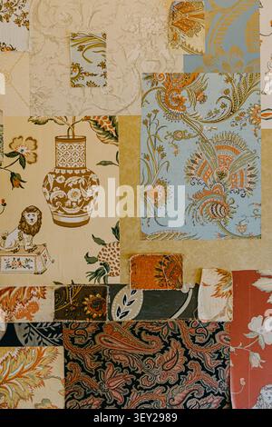 Vintage floral wallpaper and fabric collage with ornate patterns. Stock Photo