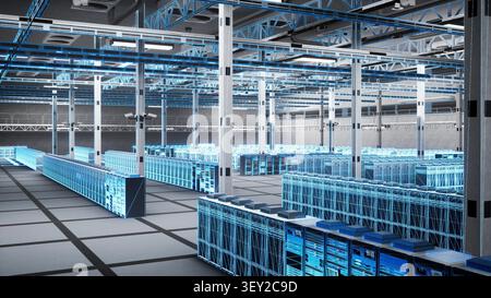 Modular rackmount servers and storage arrays fill a high-tech data center, with network gear, supercomputers and a blue wireframe scan. Stock Photo