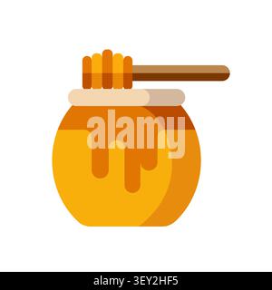 A jar of golden honey with a wooden dipper, presented as a flat vector icon illustration for healthy food, natural sweetness, and kitchen themes. Stock Vector