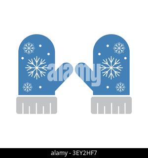 A pair of blue winter mittens featuring a white snowflake pattern, presented as a flat vector icon design on a clean white background for holidays. Stock Vector