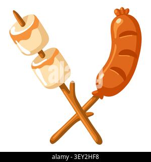 Roasted marshmallows and sausage on skewers. Cartoon vector isolated illustration on white background.  Stock Vector