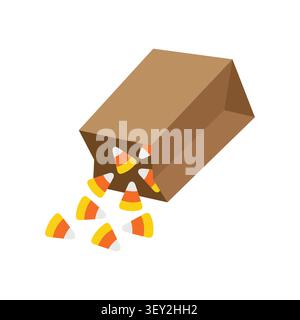 Candy corn spilling out from a brown paper bag, depicted as a flat vector illustration representing a classic halloween treat and festive snack. Stock Vector