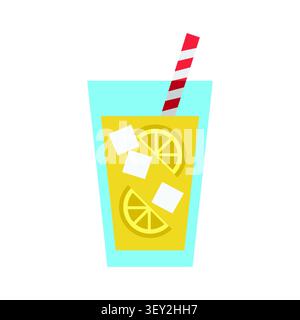A refreshing glass of lemonade with lemon slices, ice cubes, and a striped straw, designed as a flat vector illustration for summer beverages. Stock Vector