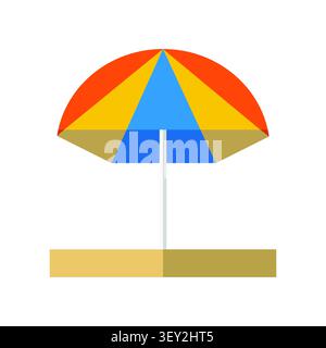 A colorful beach umbrella standing on sand, rendered as a flat vector icon illustration for summer vacation, travel, and sunny seaside concepts. Stock Vector