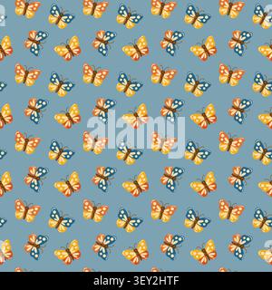 Colorful butterfly seamless pattern on blue background. Cartoon vector repeat print.  Stock Vector